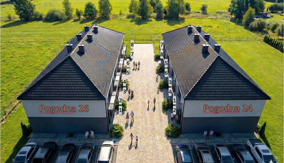 Wizualizacja dwóch budynków osiedla Pogodna z lotu ptaka